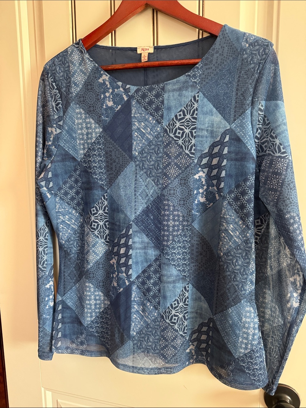 Reba, Size L, Beautiful Silky Blue Patchwork Print Long Sleeve Top. Never Worn.